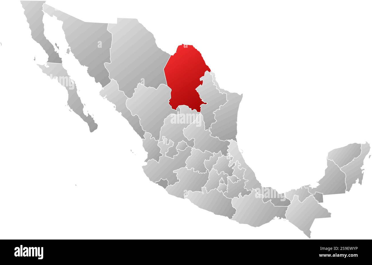 Karte von Mexiko mit den Provinzen, gefüllt mit einem linearen Gradienten, Coahuila ist hervorgehoben. Stock Vektor