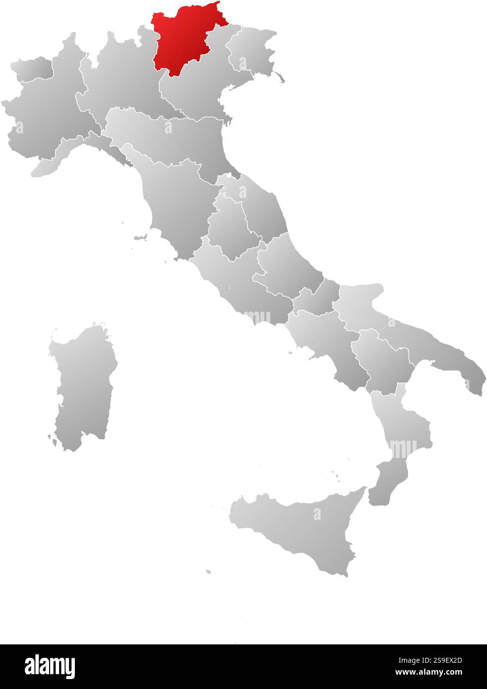Karte von Italien mit den Provinzen, gefüllt mit einem linearen Gradienten, ist Trentino-Südtirol/Südtirol hervorgehoben. Stock Vektor
