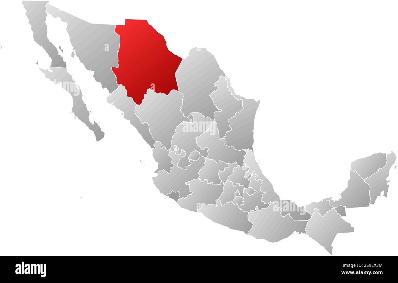 Karte von Mexiko mit den Provinzen, gefüllt mit einem linearen Gradienten, ist Chihuahua hervorgehoben. Stock Vektor