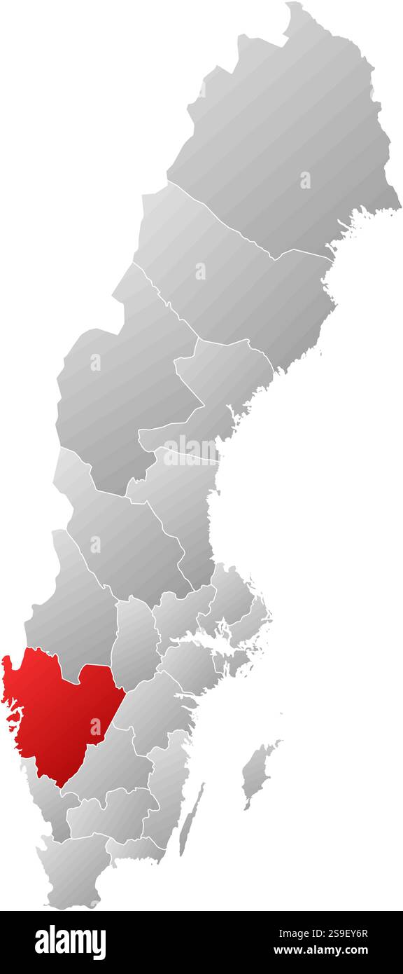 Karte von Schweden mit den Provinzen, gefüllt mit einem linearen Verlauf, Västra Götaland County ist hervorgehoben. Stock Vektor