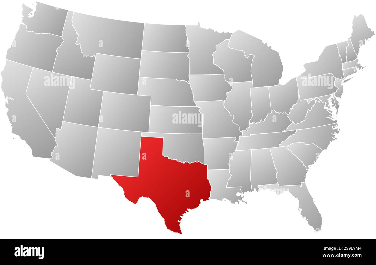 Karte der Vereinigten Staaten mit den Provinzen, gefüllt mit einem linearen Gradienten, ist Texas hervorgehoben. Stock Vektor