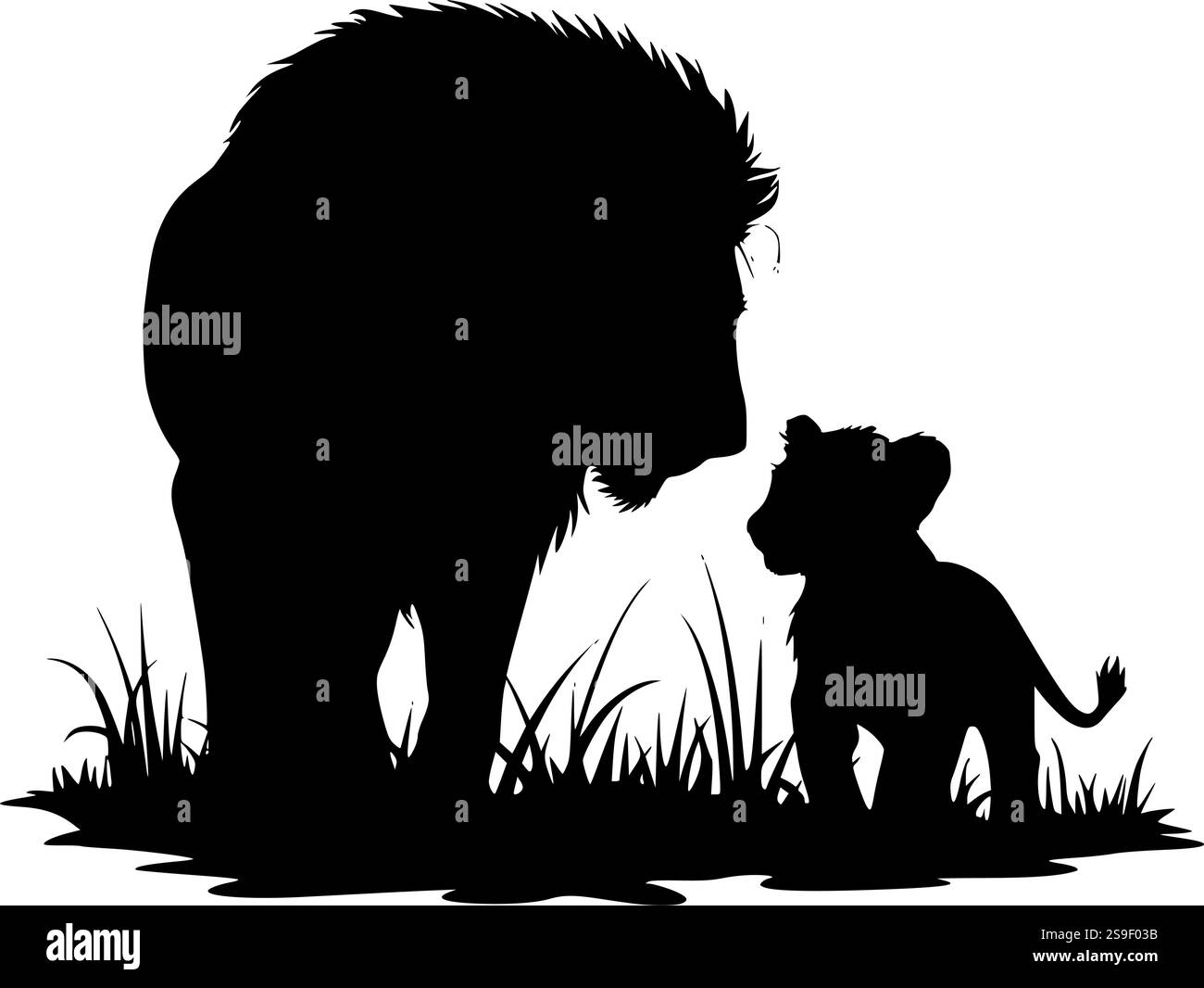 Die Silhouette von Löwen und Jungen ist perfekt für Kunsthandwerk mit Tiermotiven, rustikale Designs und Sublimationsprojekte Stock Vektor