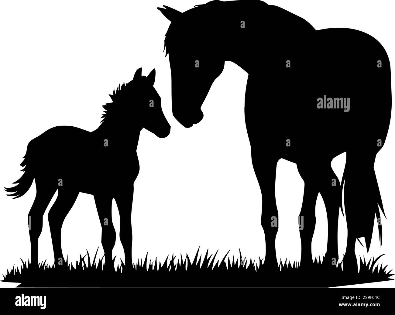 Die Silhouette von Pferd und Fohlen ist perfekt für Kunsthandwerk im Reitstil, rustikale Designs und Sublimationsprojekte Stock Vektor