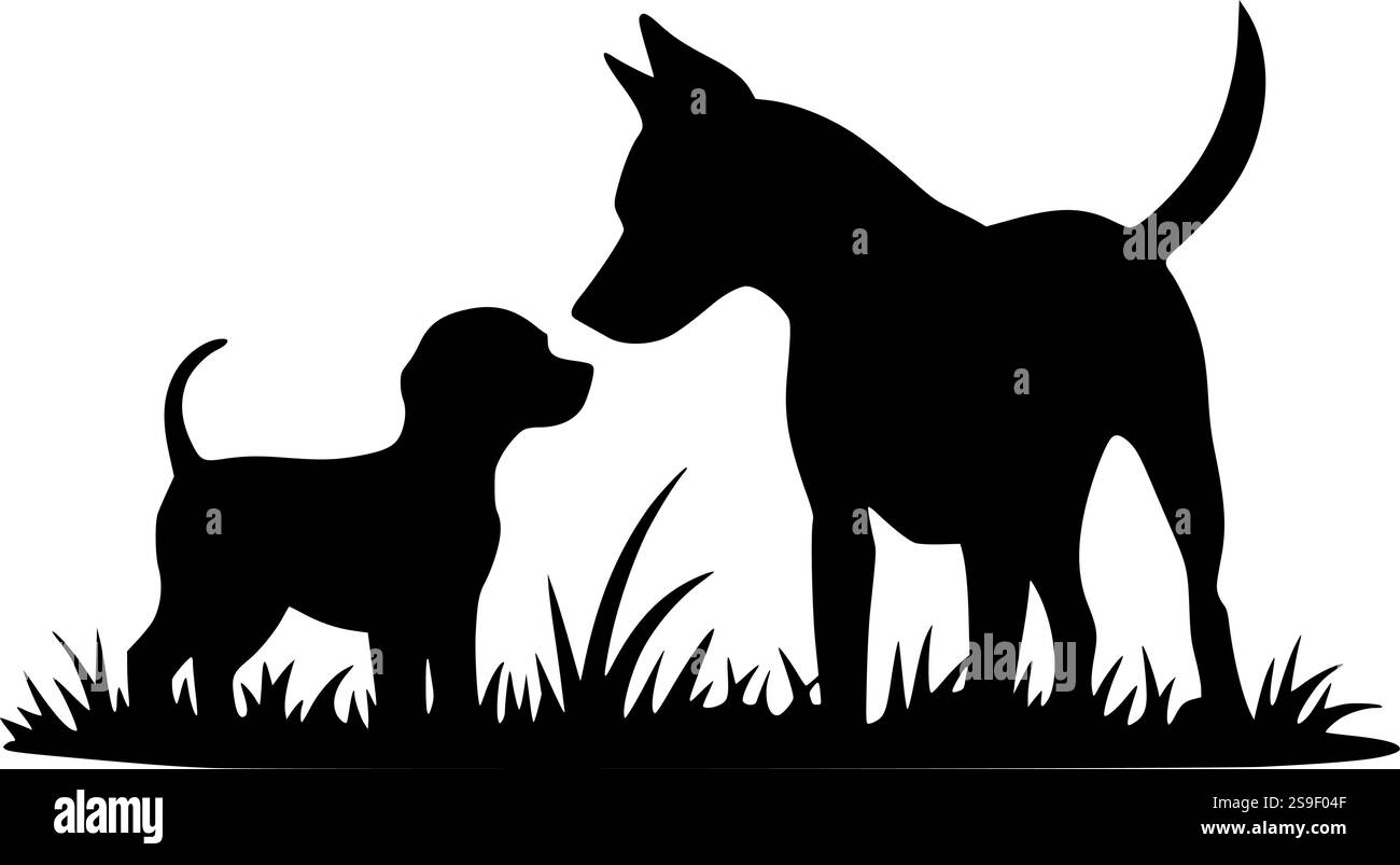 Die Silhouette von Hund und Hündchen ist perfekt für Bastelarbeiten, rustikale Designs und Sublimationsprojekte Stock Vektor