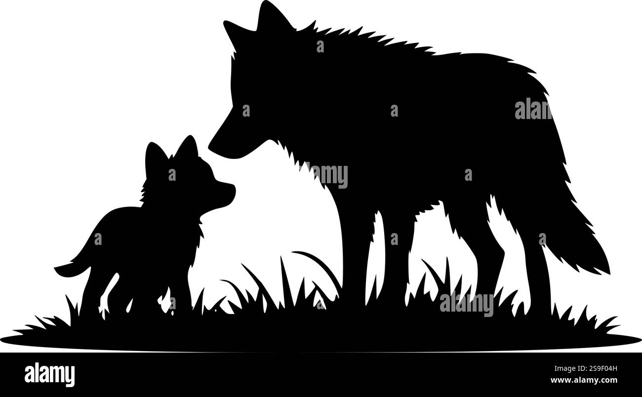 Die Silhouette von Wolf und Welpen ist perfekt für Kunsthandwerk mit Tiermotiven, rustikale Designs und Sublimationsprojekte Stock Vektor