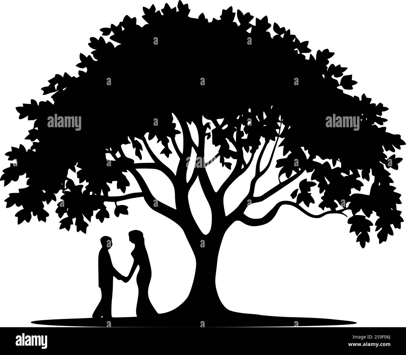 Ein Paar hält Hände unter einer Baumsilhouette, perfekt für Hochzeitsmotive, romantisches Kunsthandwerk und Valentinstag-Sublimationsprojekte Stock Vektor