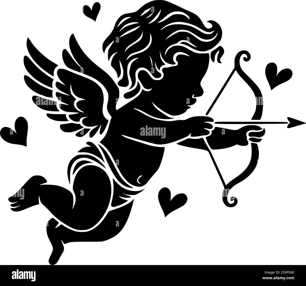 Cupid-Silhouette mit Schleife und Pfeil perfekt für Valentinstag-Bastelarbeiten, romantische Designs und Sublimationsprojekte Stock Vektor
