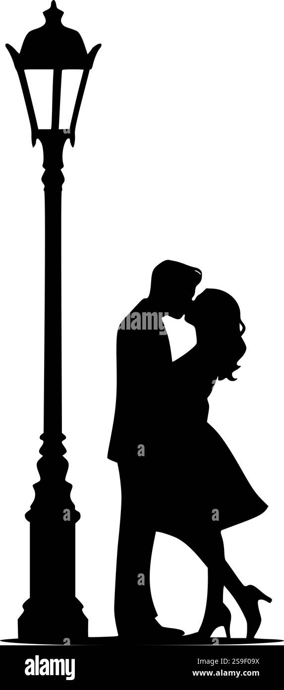 Romantisches Paar, das sich unter einer Straßenlaterne küsst, perfekt für Valentinstag-Bastelarbeiten, Hochzeitsmotive und Sublimationsprojekte Stock Vektor
