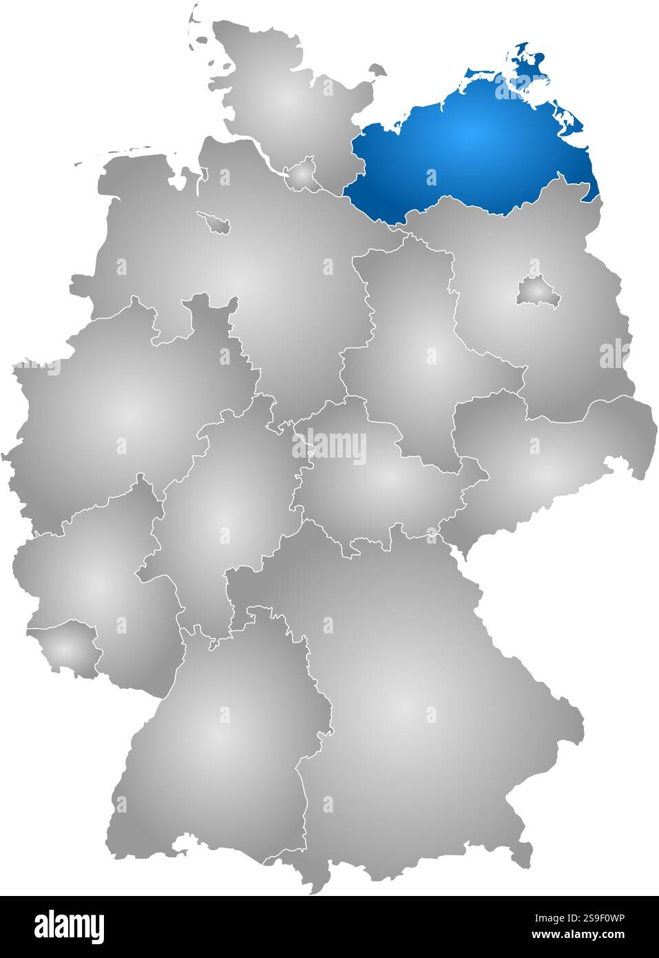 Karte von Deutschland mit den Provinzen, gefüllt mit einem radialen Gradienten, ist Mecklenburg-Vorpommern hervorgehoben. Stock Vektor