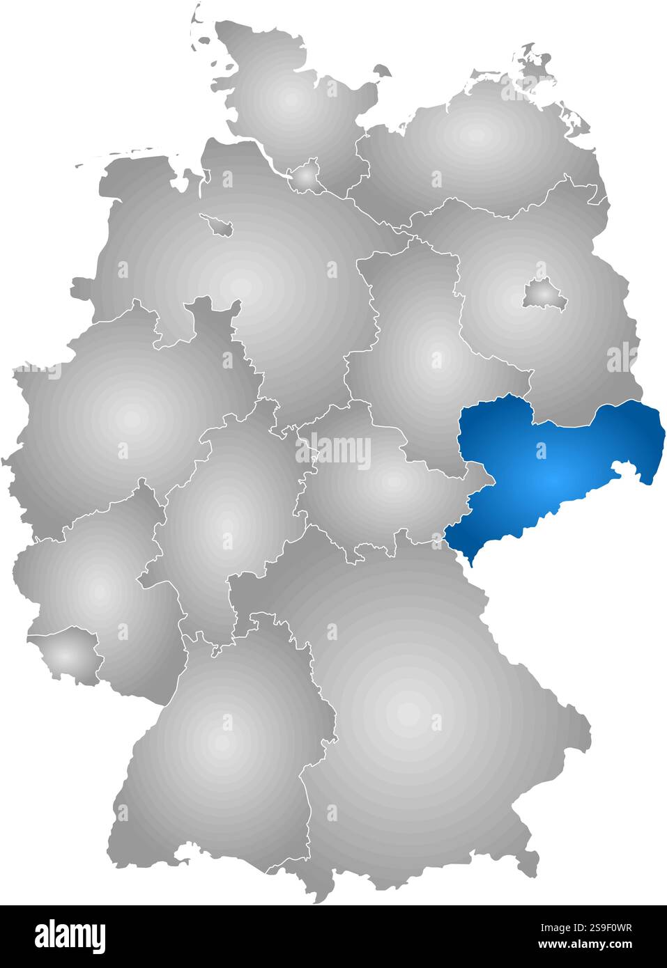Karte von Deutschland mit den Provinzen, gefüllt mit einem radialen Gradienten, ist Sachsen hervorgehoben. Stock Vektor
