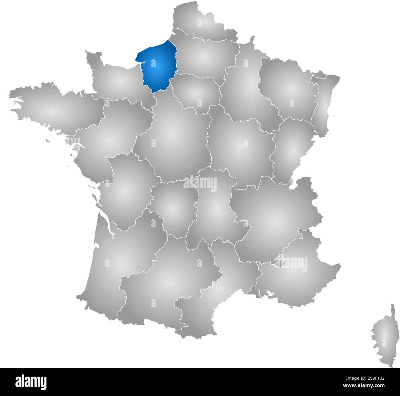Karte von Frankreich mit den Provinzen, gefüllt mit einem radialen Gradienten, ist die Obernormandie hervorgehoben. Stock Vektor