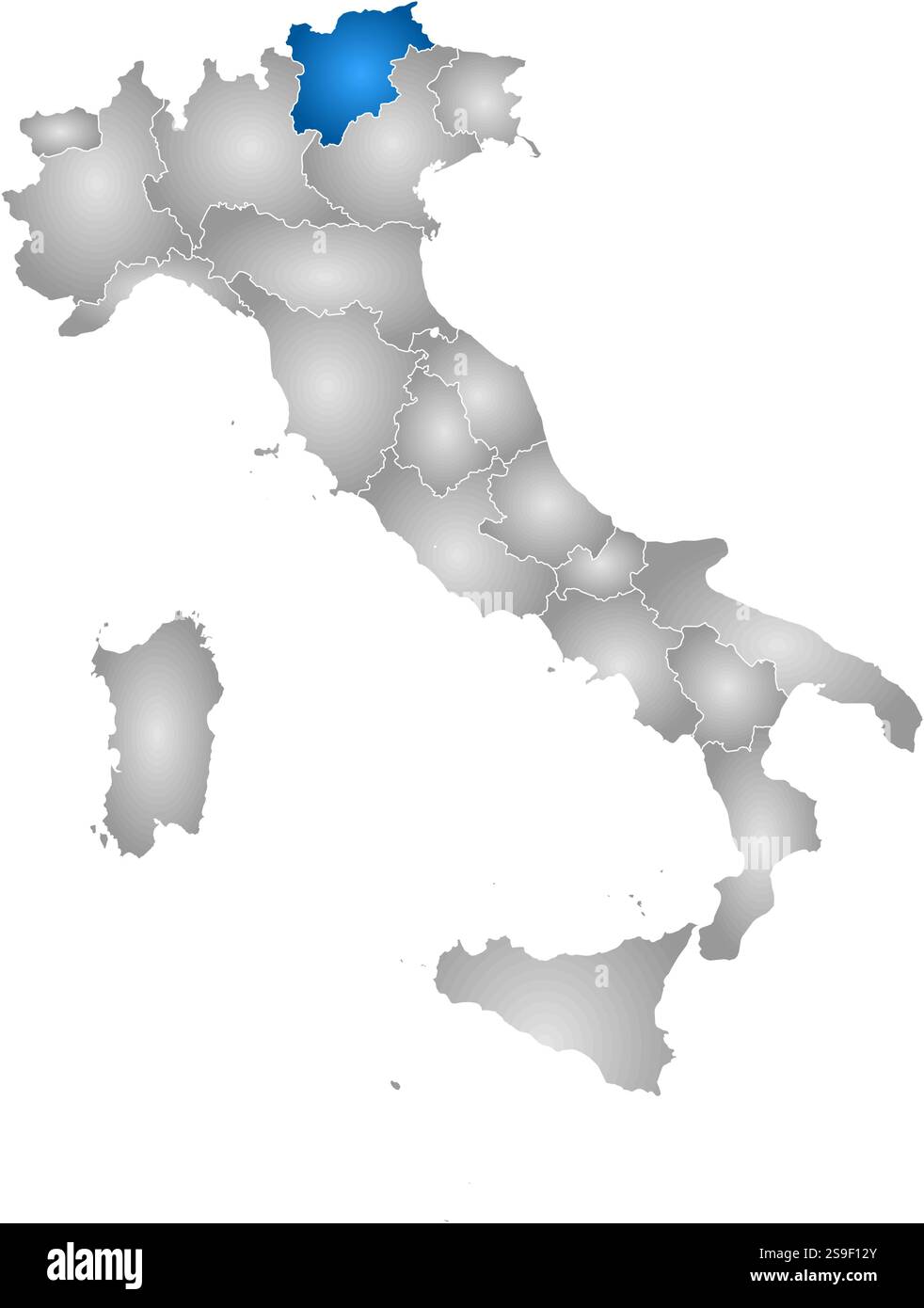 Karte von Italien mit den Provinzen, gefüllt mit einem radialen Gradienten, ist Trentino-Südtirol/Südtirol hervorgehoben. Stock Vektor