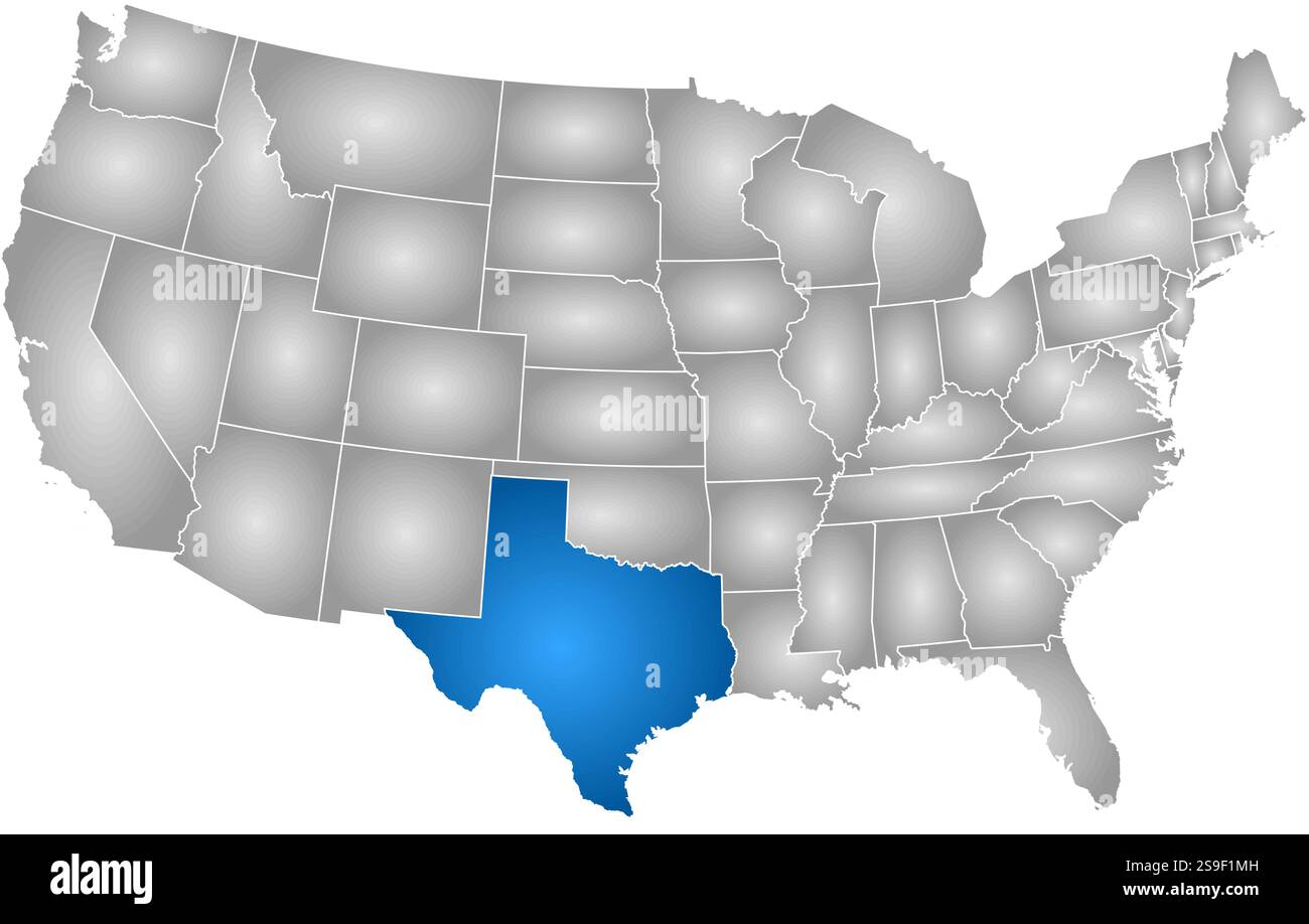 Karte der Vereinigten Staaten mit den Provinzen, gefüllt mit einem radialen Gradienten, ist Texas hervorgehoben. Stock Vektor