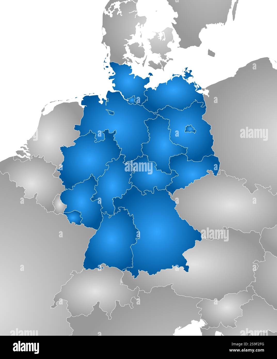 Karte von Deutschland mit den Provinzen und den nahe gelegenen Ländern, gefüllt mit einem radialen Gradienten. Stock Vektor