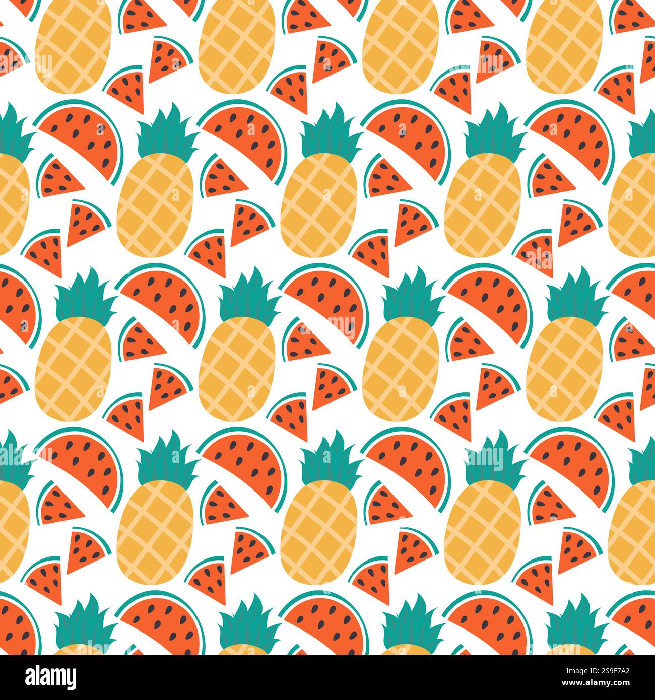 Wassermelonenscheiben mit Samen und nahtlosem Muster der ganzen Ananas auf transparentem Hintergrund. Isolierte Vektor-Illustration Thematische Karten oder Web-Werbebanner, Broschüren, Druckmaterialien oder Tags Stock Vektor