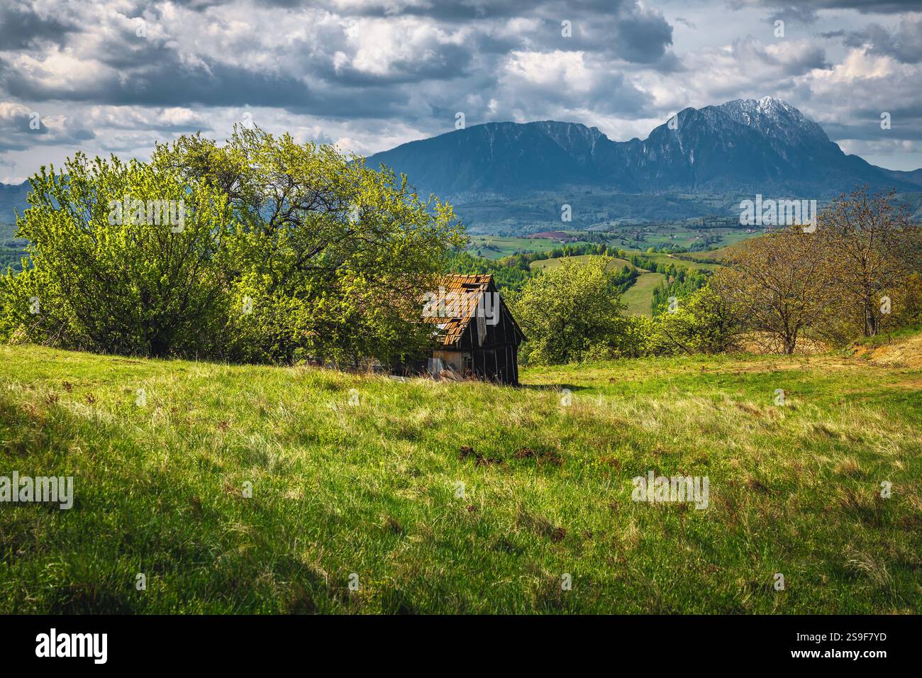 Atemberaubende Aussicht mit alter ländlicher Hütte am Hang, Piatra Craiului Berge im Hintergrund, Holbav, Rumänien, Europa Stockfoto
