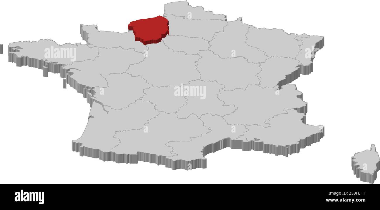 Karte von Frankreich als graues Stück. Die Obernormandie ist rot hervorgehoben. Stock Vektor