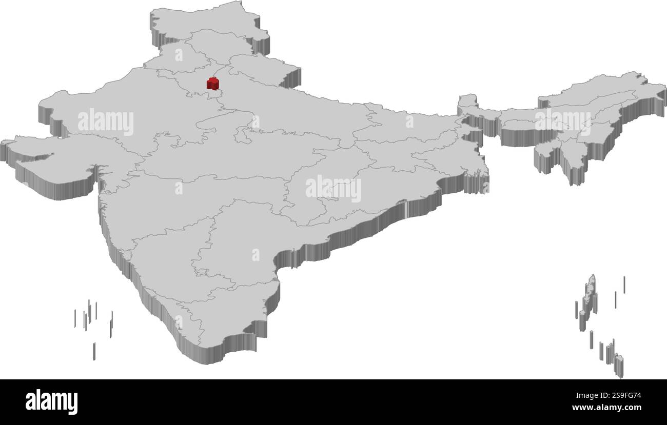 Karte von Indien als graues Stück. National Capital Region ist rot hervorgehoben. Stock Vektor