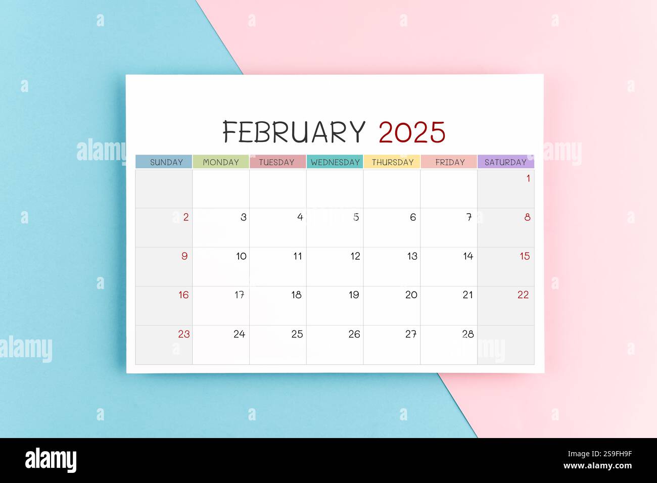 Kalenderseite Februar 2025 auf blauem und rosa Hintergrund. Stockfoto