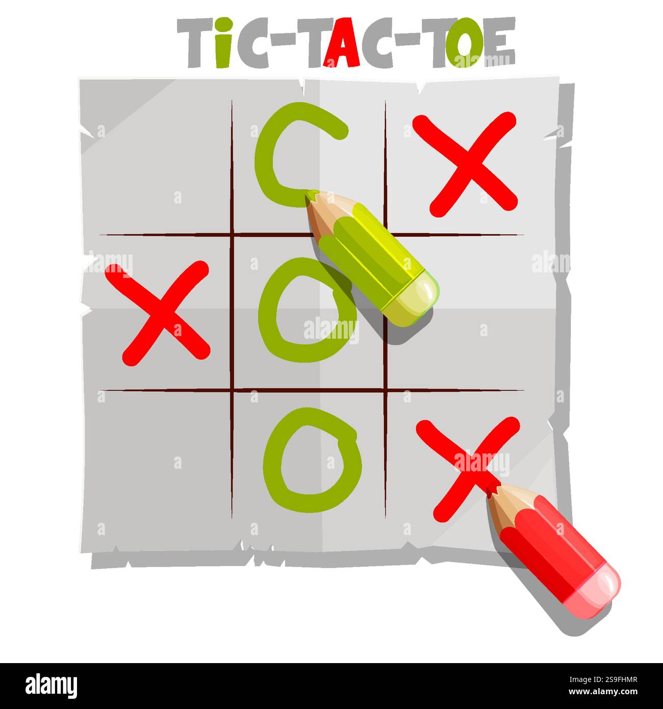 Classic Game TIC TAC ZEHENOBERFLÄCHE mit Pensils-Cursor. Brettspiel, Logikspiel für deine Spielentwicklung. Bleistifte zeichnen Kreuze und Nullen Stock Vektor