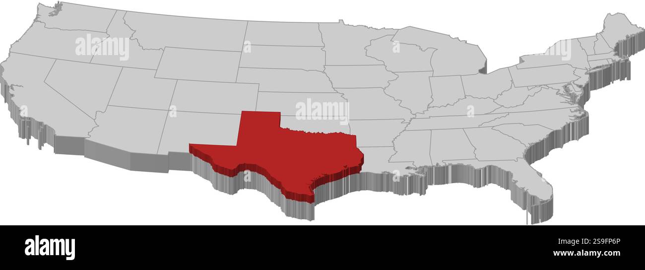 Karte der Vereinigten Staaten als graues Stück. Texas ist rot hervorgehoben. Stock Vektor