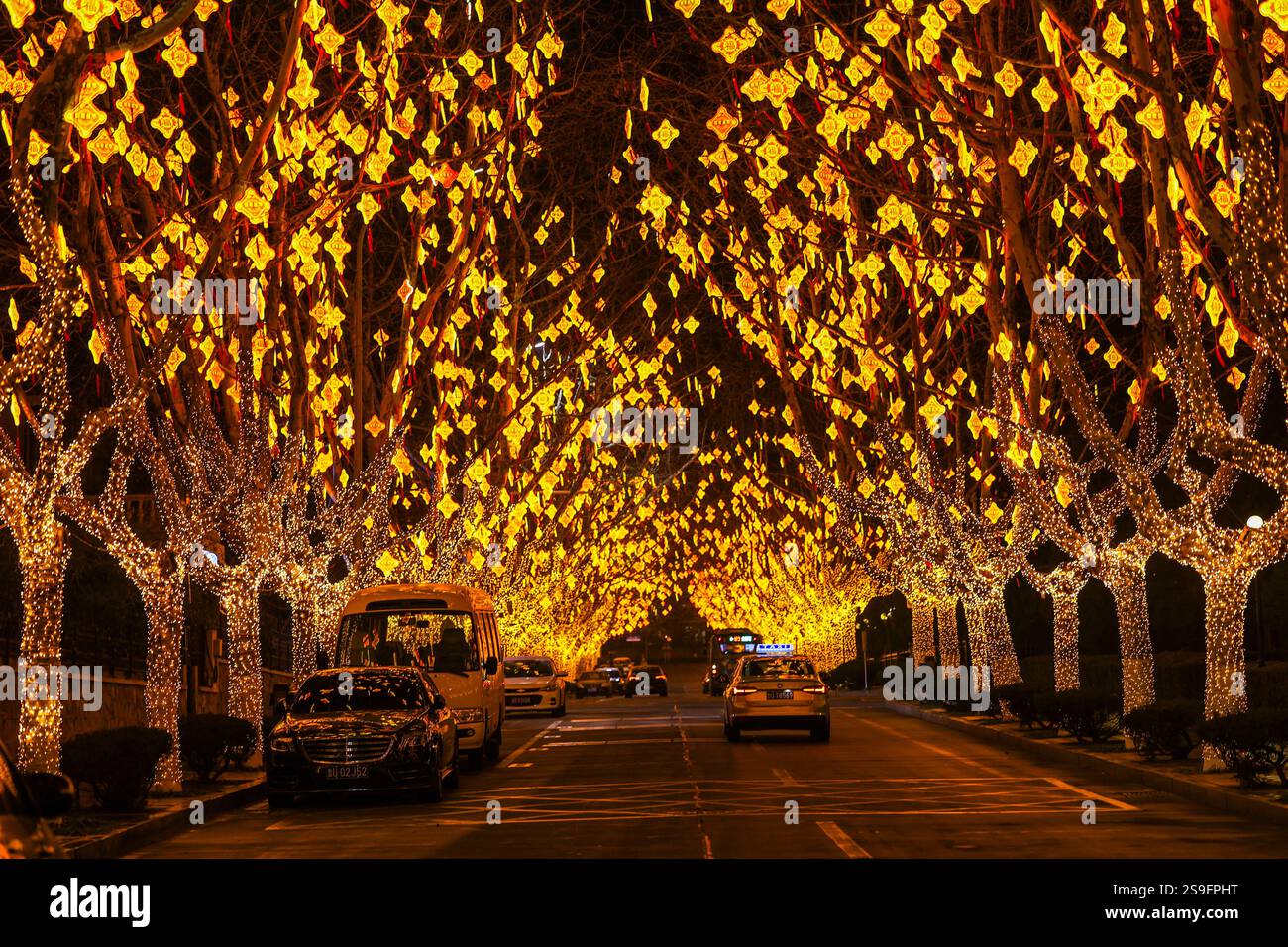 QINGDAO, CHINA - 26. JANUAR 2025 - zur Feier des chinesischen Neujahrs am Neuen Neujahrsfest an der Westküste von Qingdao, Provinz Shandong, China, 26. Januar 2025, werden bunte Lichter ausgestellt. (Foto: CFOTO/SIPA USA) Stockfoto