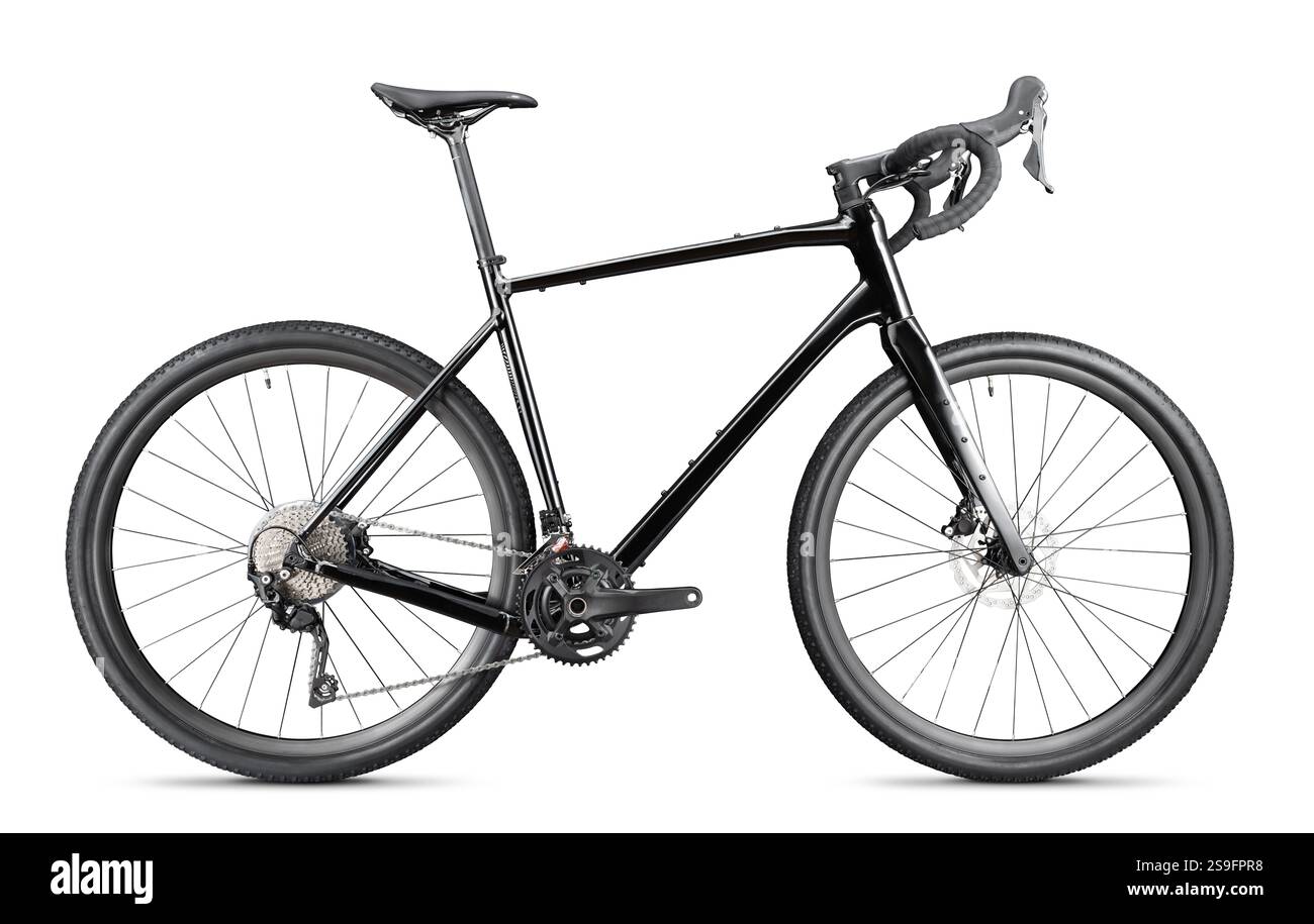 Hochauflösende Studioaufnahme des eleganten schwarzen Schotterrads mit hochwertigem Design und Details auf weißem Hintergrund. Perfekt für Radfahren, Sport und Sport Stockfoto