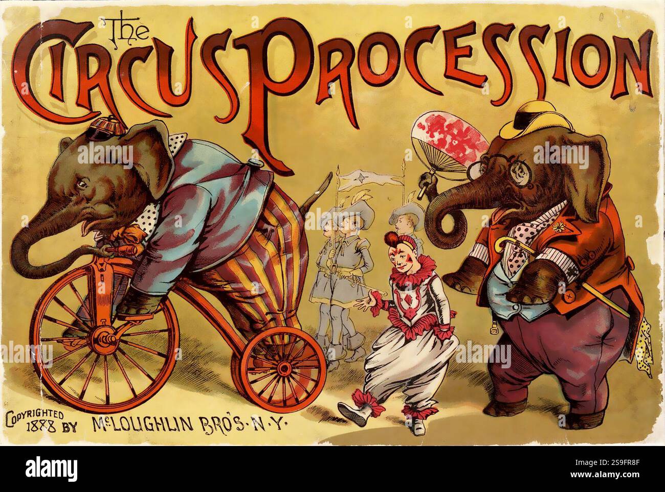 Dies ist eine lebendige, skurrile Illustration aus dem späten 19. Jahrhundert, die von McLoughlin Bros., einem prominenten New Yorker Verlag für Kinderbücher, Spiele und Spielzeug, geschaffen wurde. Das Poster mit dem Titel „die Zirkusprozession“ zeigt anthropomorphe Elefanten in farbenfroher Zirkuskleidung. Ein Elefant fährt auf einem Riesenrad mit gestreiften Hosen und einer Krawatte, während ein anderer mit Brille und Bowlerhut Gesten mit einem Stock trägt. Im Hintergrund gibt es eine Parade von Künstlern, darunter Clowns, Soldaten und andere Entertainer, die die Atmosphäre des Karnevals noch verstärken. Stockfoto