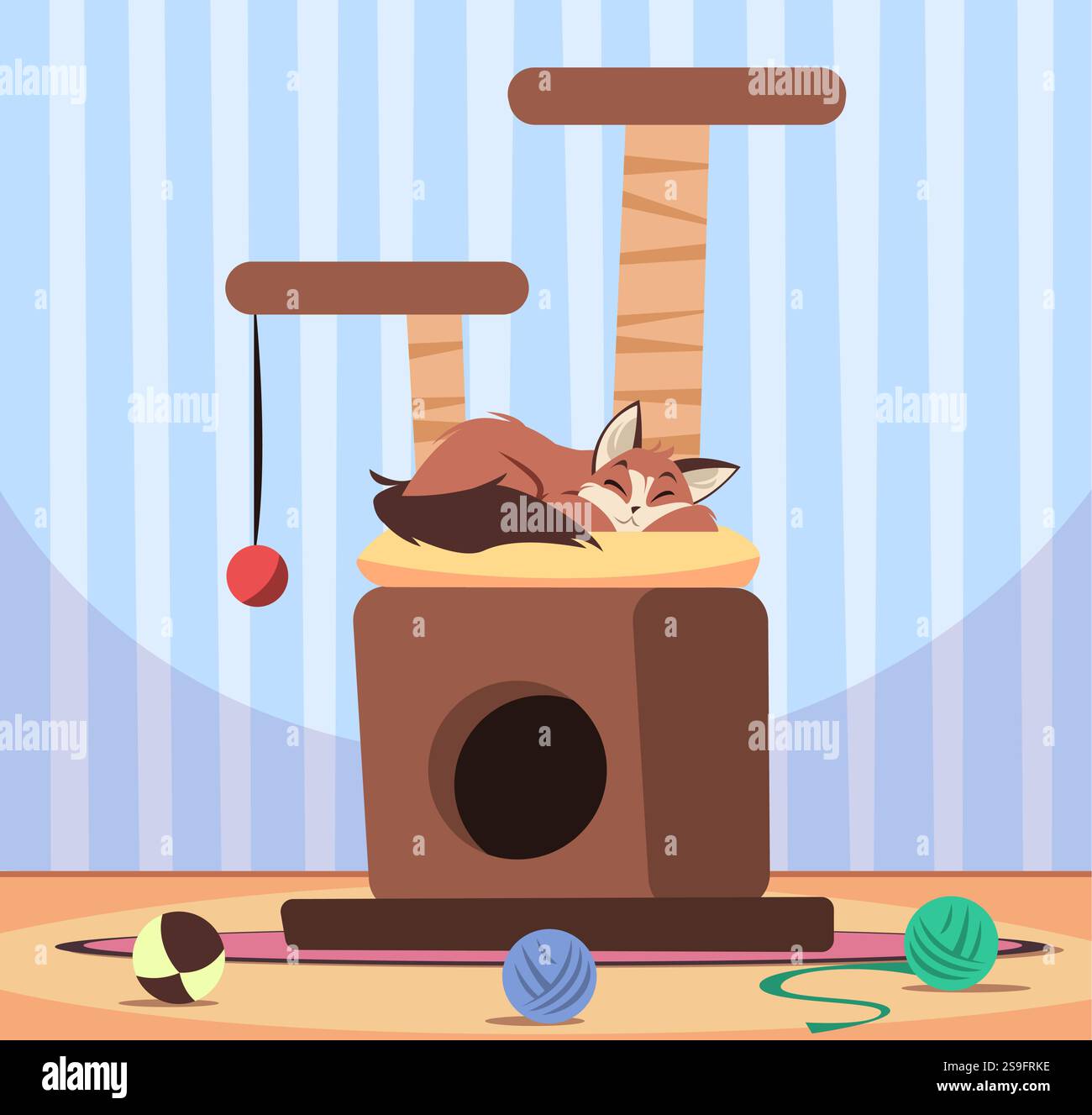 Glückliche Katze, die auf seinem Haus schläft. Zuhause für Haustier mit Spielzeug und Kratzbaum. Niedliches Hauskätzchen, das lügt. Reinrassiges, entzückendes Haustier. Cartoon Flat Stock Vektor