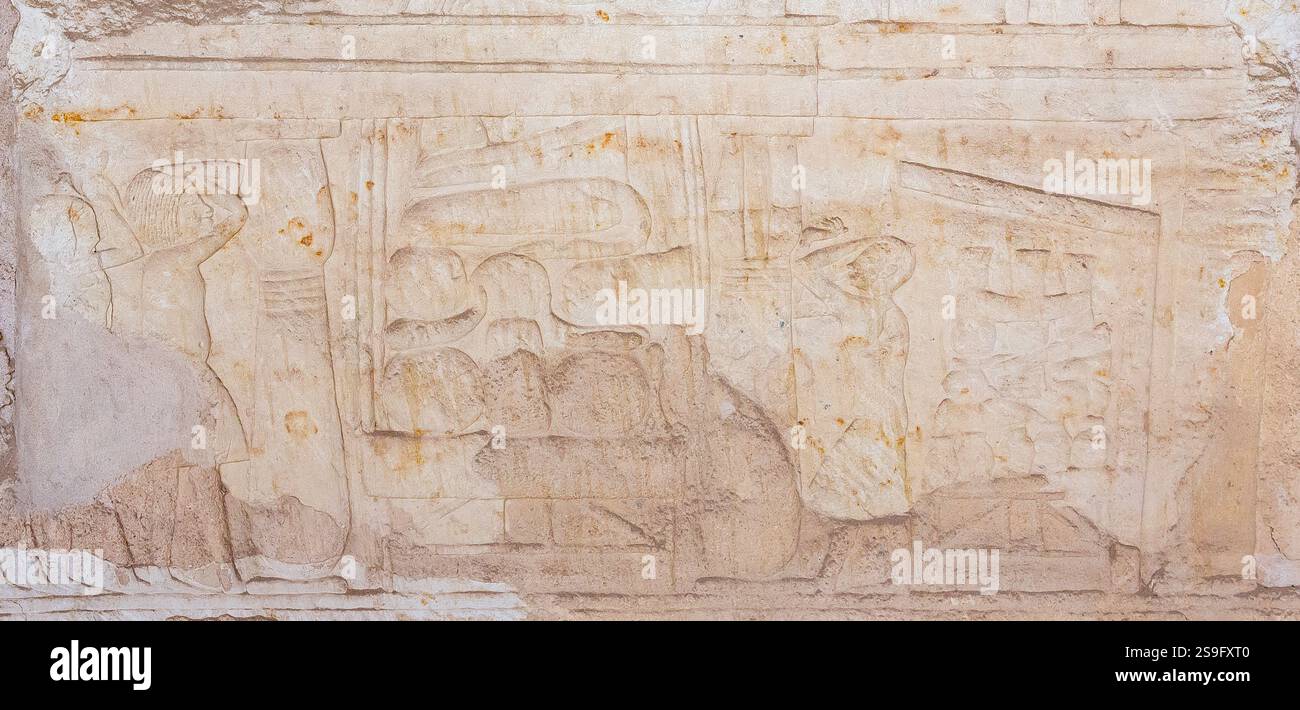 Ägypten, Sakkara, Grab von Meryneith, Südwand des Innenhof, Trauerszenen. Stockfoto