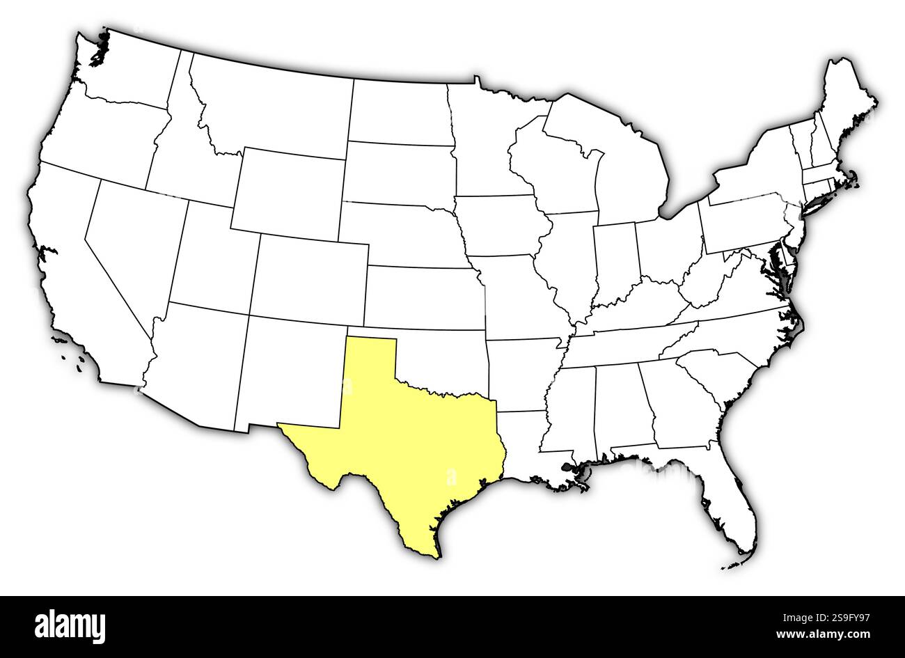 Karte der Vereinigten Staaten mit den Provinzen, Texas, ist gelb hervorgehoben. Stock Vektor