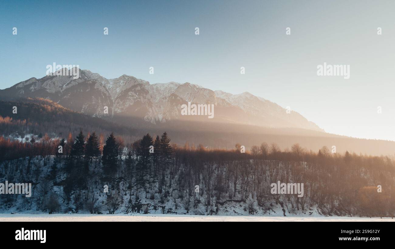 Eine ruhige Winterszene, in der ein schneebedeckter Berggipfel vom sanften Schein des Sonnenaufgangs erleuchtet wird. Frostige Bäume und Nebelschichten sorgen für Tiefe und trans Stockfoto