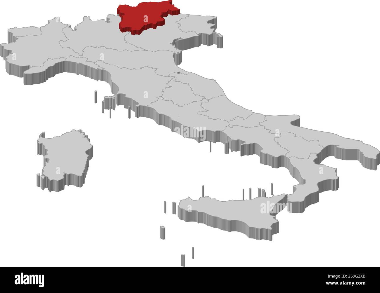 Karte von Italien als graues Stück. Trentino-Südtirol/Südtirol ist rot hervorgehoben. Stock Vektor