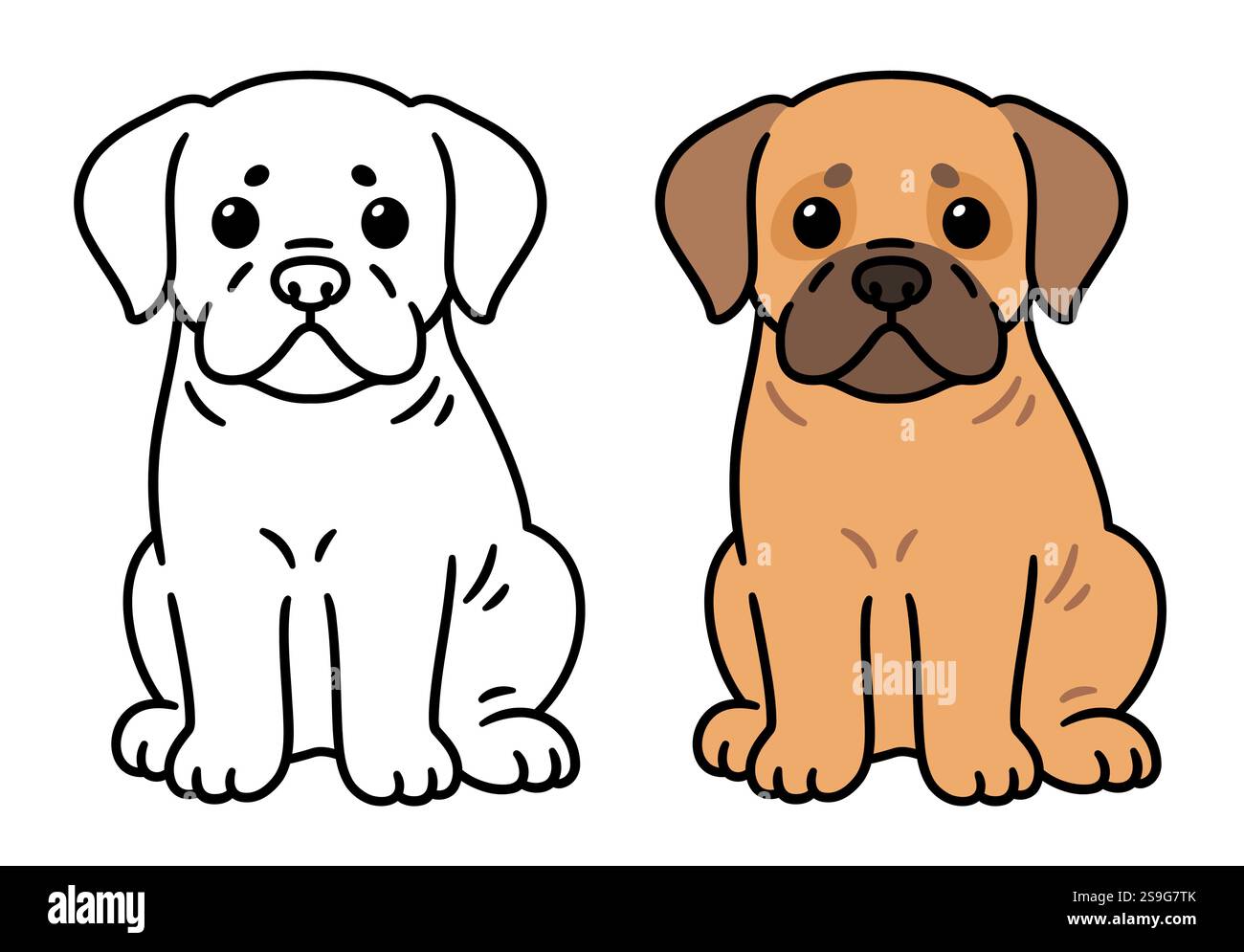 Niedlicher Cartoon Mastiff oder Bulldog Welpe. Farbzeichnung und Schwarzweiß-Strichgrafik zum Ausmalen. Illustration von Vektorclips. Entzückender kleiner Hund mit Stock Vektor