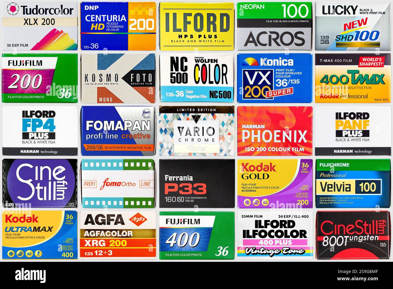 Collage von 35-mm-Fotokartons verschiedener Marken, analoge Fotografie im Hintergrund Stockfoto