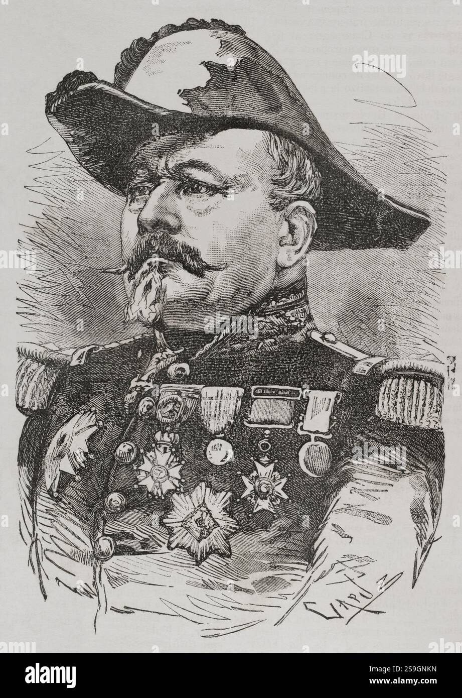 Jean Uhrich (Jean-Jacques Uhrich) (1802-1886). Französische Generalabteilung. Militärgouverneur der Stadt Straßburg 1870. Hochformat. Gravur von Capuz. Historia de la Guerra de Francia y Prusia (Geschichte des Krieges zwischen Frankreich und Preußen). Band I. veröffentlicht in Barcelona, 1870. Autor: Tomás Carlos Capuz (1834-1899). Spanischer Stecher. Stockfoto