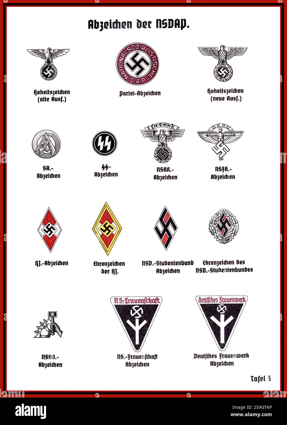 NSDAP-Farbtafel mit Emblemen, Abzeichen, politischen Dekorationen usw. der Nationalsozialistischen Deutschen Arbeiterpartei (NSDAP) in den 1930er Jahren Stockfoto