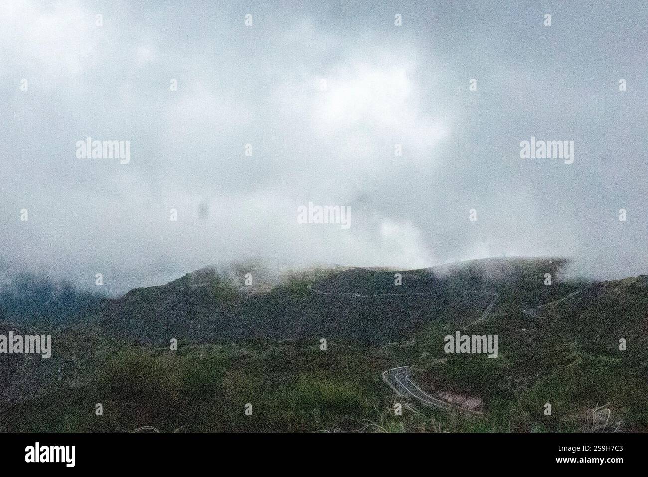 Das vulkanische Gebirge des Pico do Aeeiro, das in Madeira, Portugal, mit Nebel bedeckt ist Stockfoto