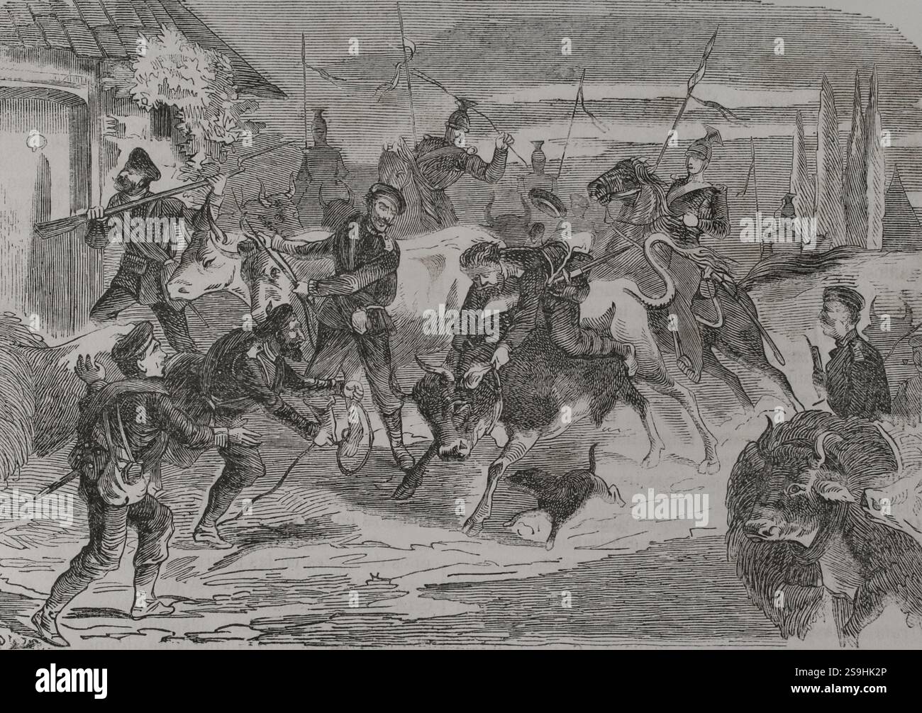 Deutsch-Französischer Krieg (1870–1871). Preußische Soldaten auf der Suche nach Nahrung. Gravur. Historia de la Guerra de Francia y Prusia (Geschichte des Krieges zwischen Frankreich und Preußen). Band I. veröffentlicht in Barcelona, 1870. Stockfoto