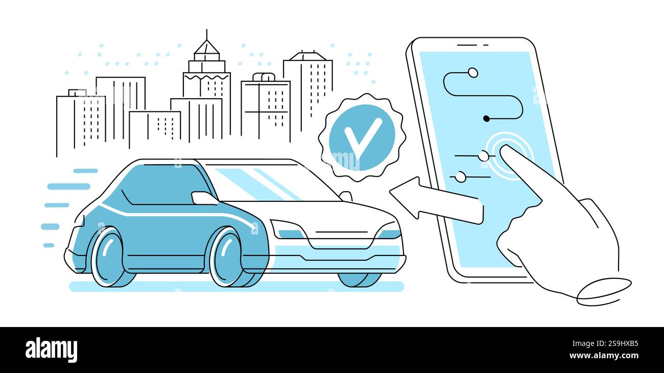 Kunde ruft City Taxi in Anwendung an. Digitale Technologien für die Bestellung einer Autofahrt Stock Vektor