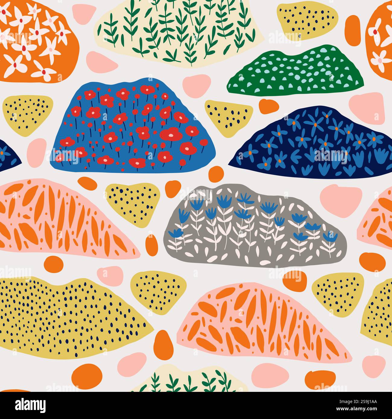 Abstraktes Muster mit stilvollen Farben, Blumen, Blättern, Punktmuster und Patchwork-Elementen. Perfekt für Textildesign, Tapeten, kreatives Dekor und moderne Kunstprojekte mit einzigartiger Ästhetik. Vektorabbildung Stock Vektor