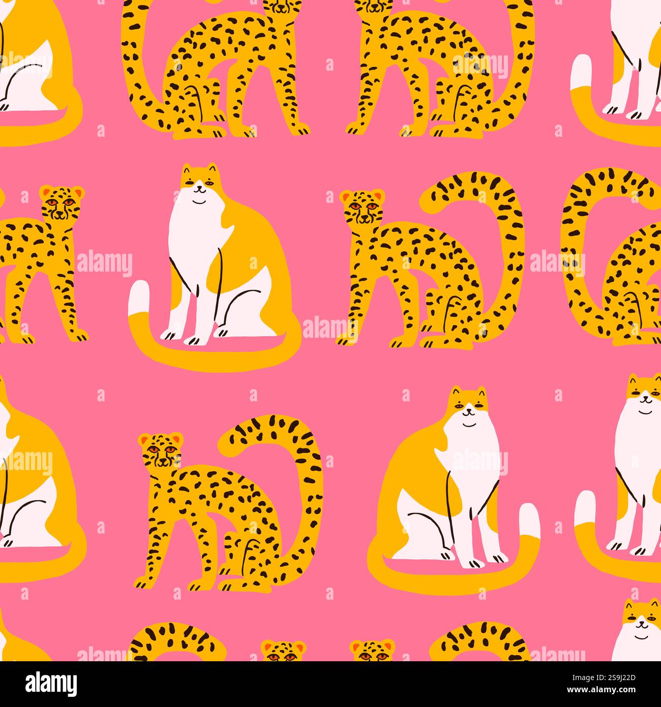 Nahtloses Muster mit wilden Katzen wie Tigern, Leoparden und Hauskatzen auf weichem rosa Hintergrund. Perfekt für Textilien, Tapeten und kreative Designs mit einem verspielten, aber stilvollen Tiermotiv. Vektorabbildung Stock Vektor