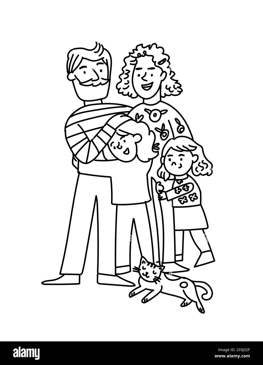 Umrissdarstellung einer glücklichen Familie mit einer Mutter, einem Vater und zwei Töchtern, die zusammen umarmen, begleitet von einer fröhlichen Katze. Perfekt für Kinderbücher, Familienmotive und herzerwärmende Profis. Vektorabbildung Stock Vektor