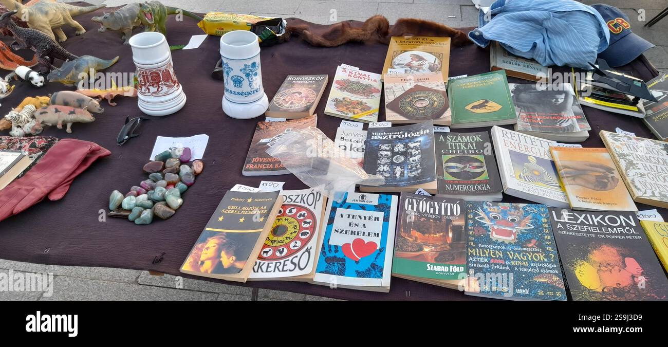 Europäischer Antiquitätenmarkt, Stand am Flohmarkt : farbenfrohe Kristallsteine, Kristallschmuck, Bernsteinketten, Vintage-Spielzeug, Vintage-Bücher, Vintage Rosenkranzperlen , Naturstein und Mineralien Halsketten, Edelsteinanhänger, Vintage Leder Geldbörsen, Vintage gusseiserne Schere, Vintage Modeschmuck, Vintage Stein ( Mineralsteine Halbedelsteine ) Kreuz, Messing Armbänder, Holzschnitzereien , handgeschnitzte Sammlerstücke, Vintage Silberteller Besteck, Taxidermie, Vintage Schlüssel, Dinosaurier Spielzeug, Tigerspielzeug, Porzellan-Bierkrug, Kräuterlexikon, esoterische Bücher, Astrologie-Bücher Stockfoto