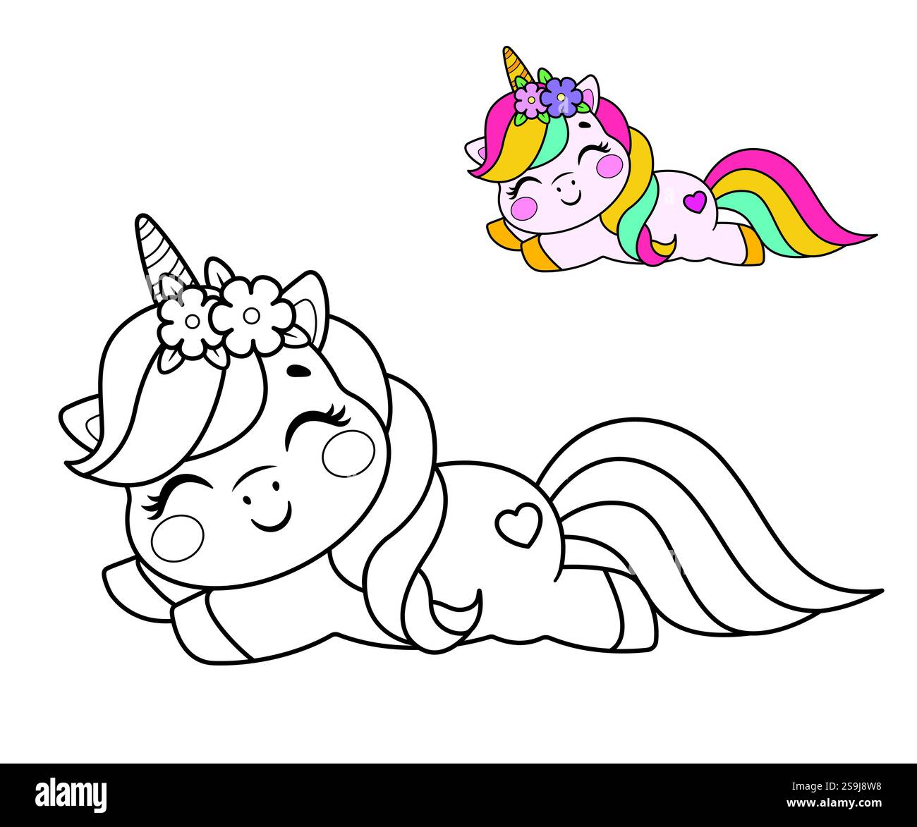 Ein süßes schlafendes Einhorn. Ausmalseite. Vektorabbildung... Stock Vektor