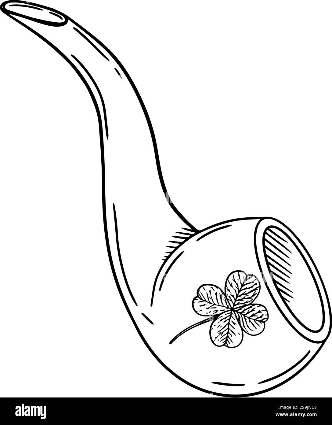 Eine kunstvolle und wunderschön gefertigte Illustration einer Tabakpfeife mit einem hübschen und charmanten Kleeblatt-Design. Hand gezeichnete Vektorillustration, isoliertes Clipart auf weißem Hintergrund. Stock Vektor