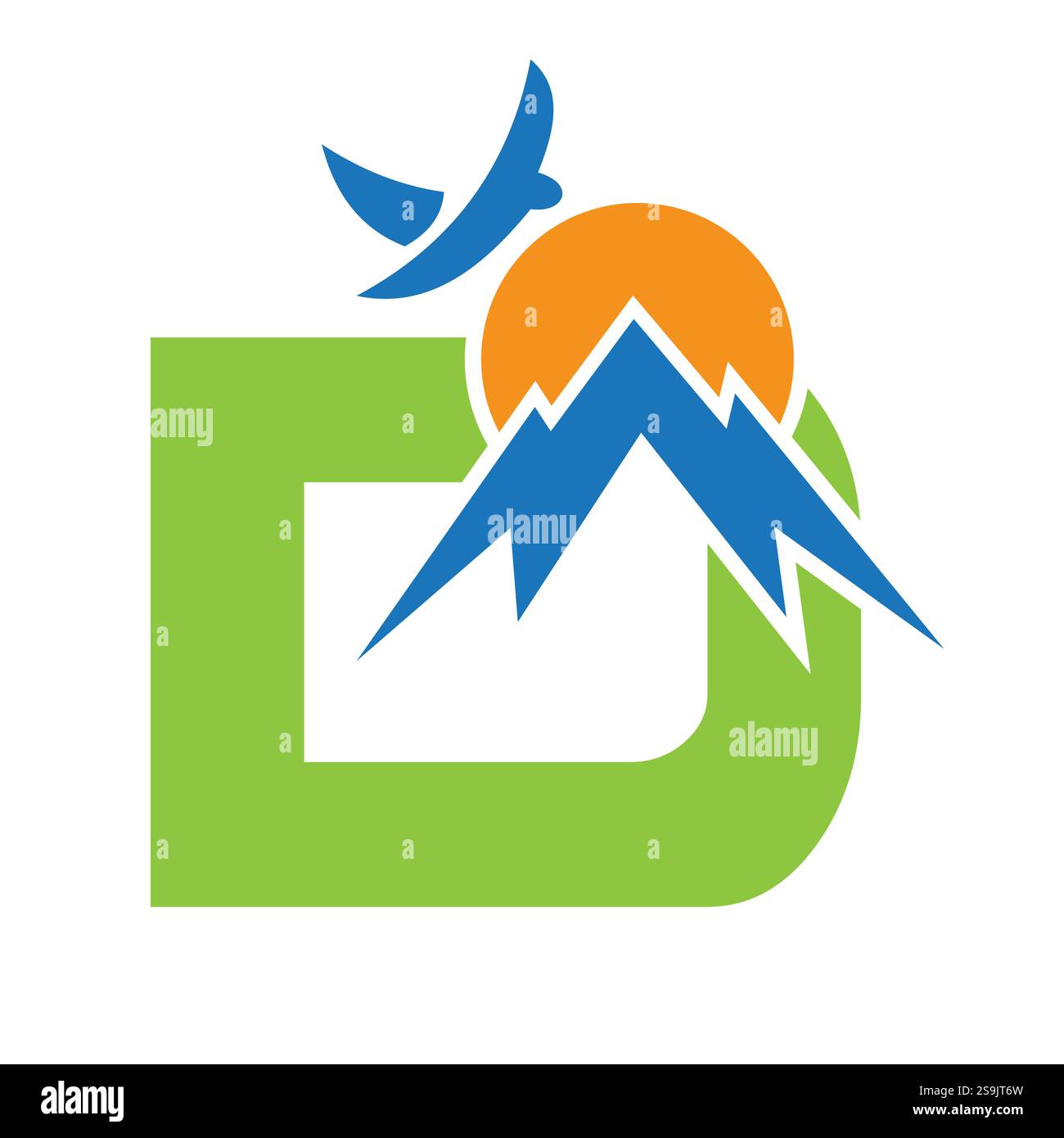 Initial Monogramm Letter D Vacation Logo Konzept mit Mount-, Sonne- und Vogelsymbol. Reiselogo Stock Vektor