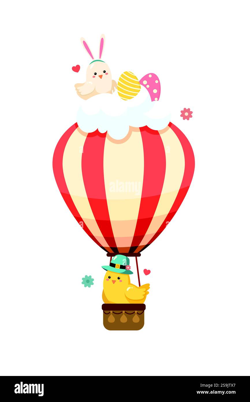 Baby-Küken im Heißluftballon mit ostereiern. Festliches Poster für Osterdesign. Vektorabbildung. Stock Vektor