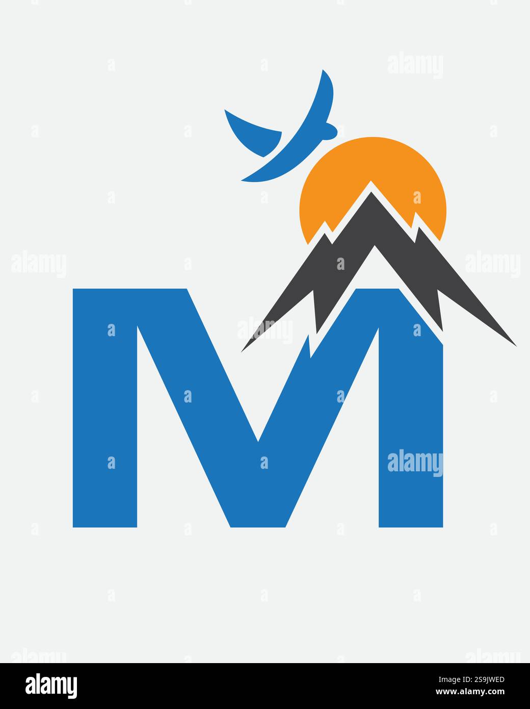 Initial Monogramm Letter M Vacation Logo Konzept mit Mount-, Sonne- und Vogelsymbol. Reiselogo Stock Vektor