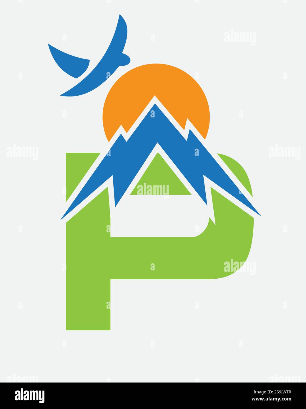 Initial Monogramm Letter P Vacation Logo Konzept mit Mount-, Sonne- und Vogelsymbol. Reiselogo Stock Vektor
